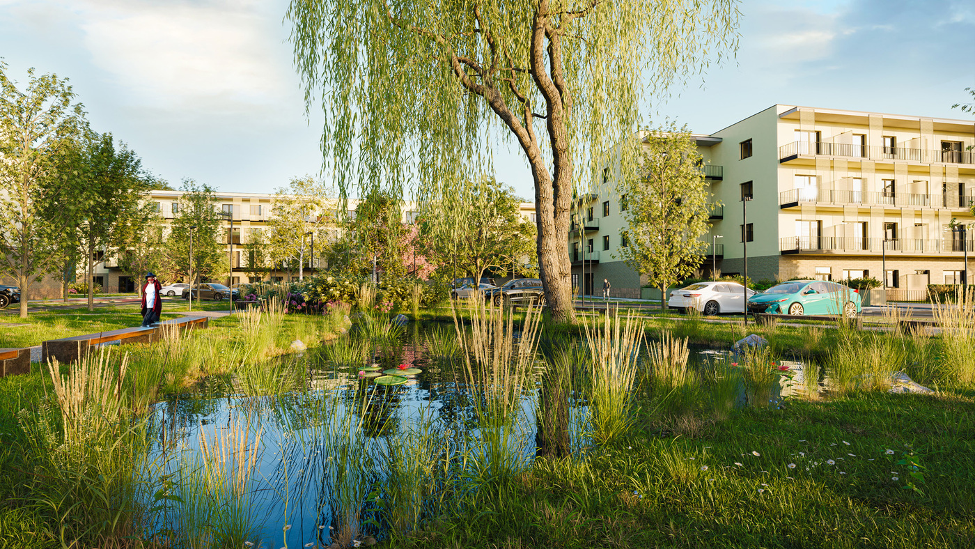 Senior resort Hluboká: Vizualizace areálu s jezírkem a vzrostlými stromy, v pozadí bytové domy.