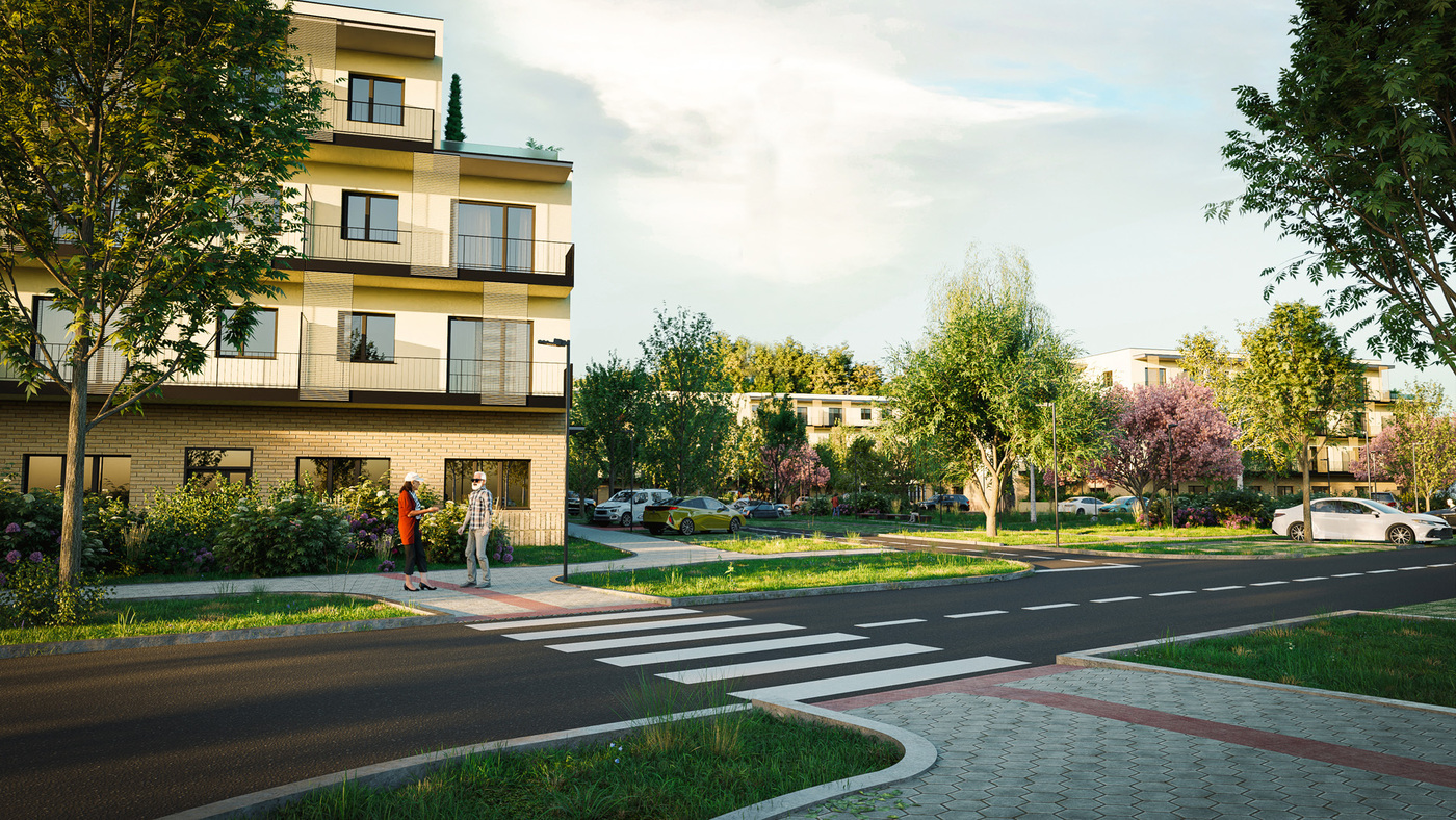 Senior resort Hluboká: Vizualizace ulice podél areálu s přechodem pro chodce.