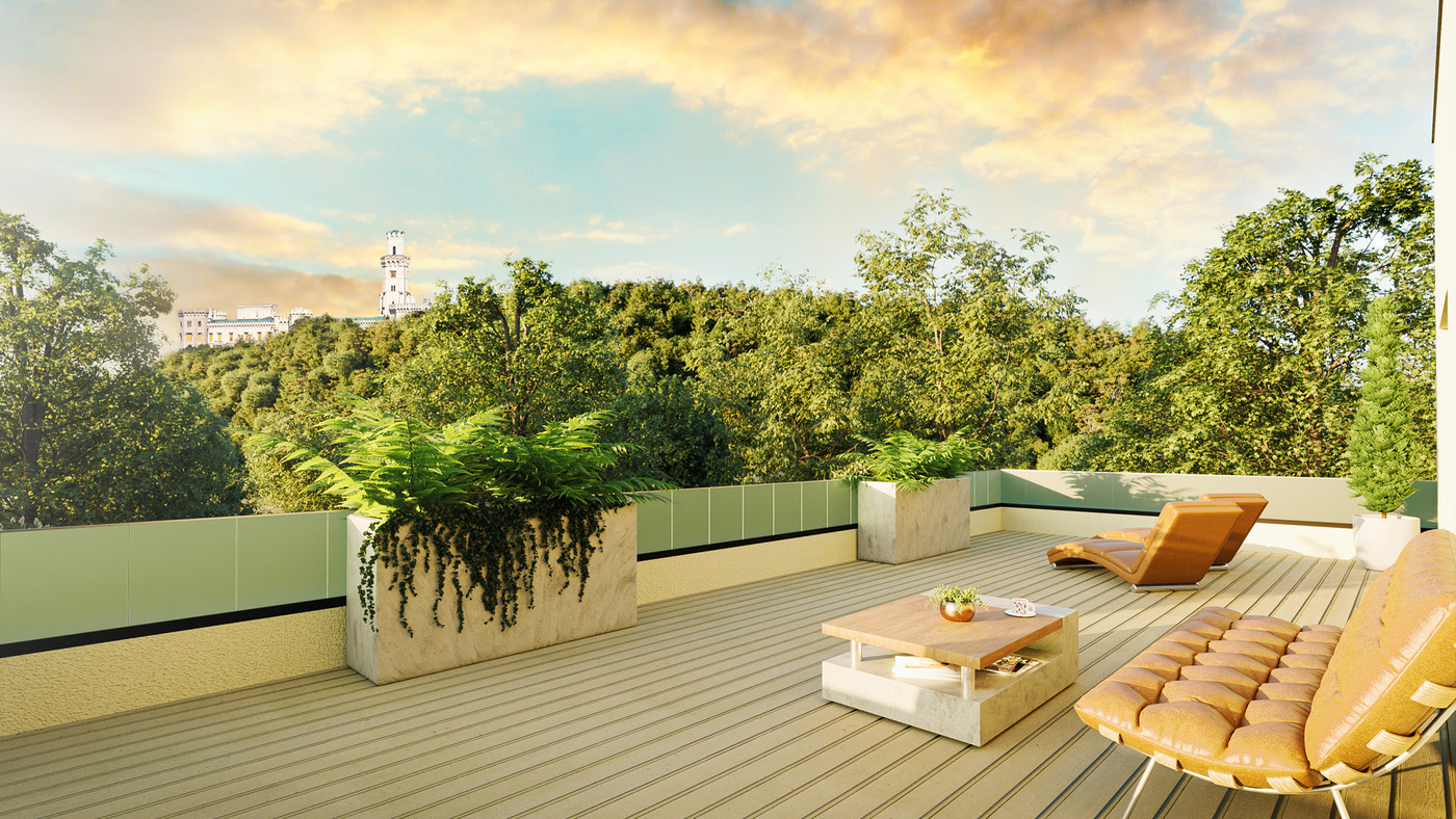 Senior resort Hluboká: Vizualizace terasy v horním patře s výhledem na zámek.